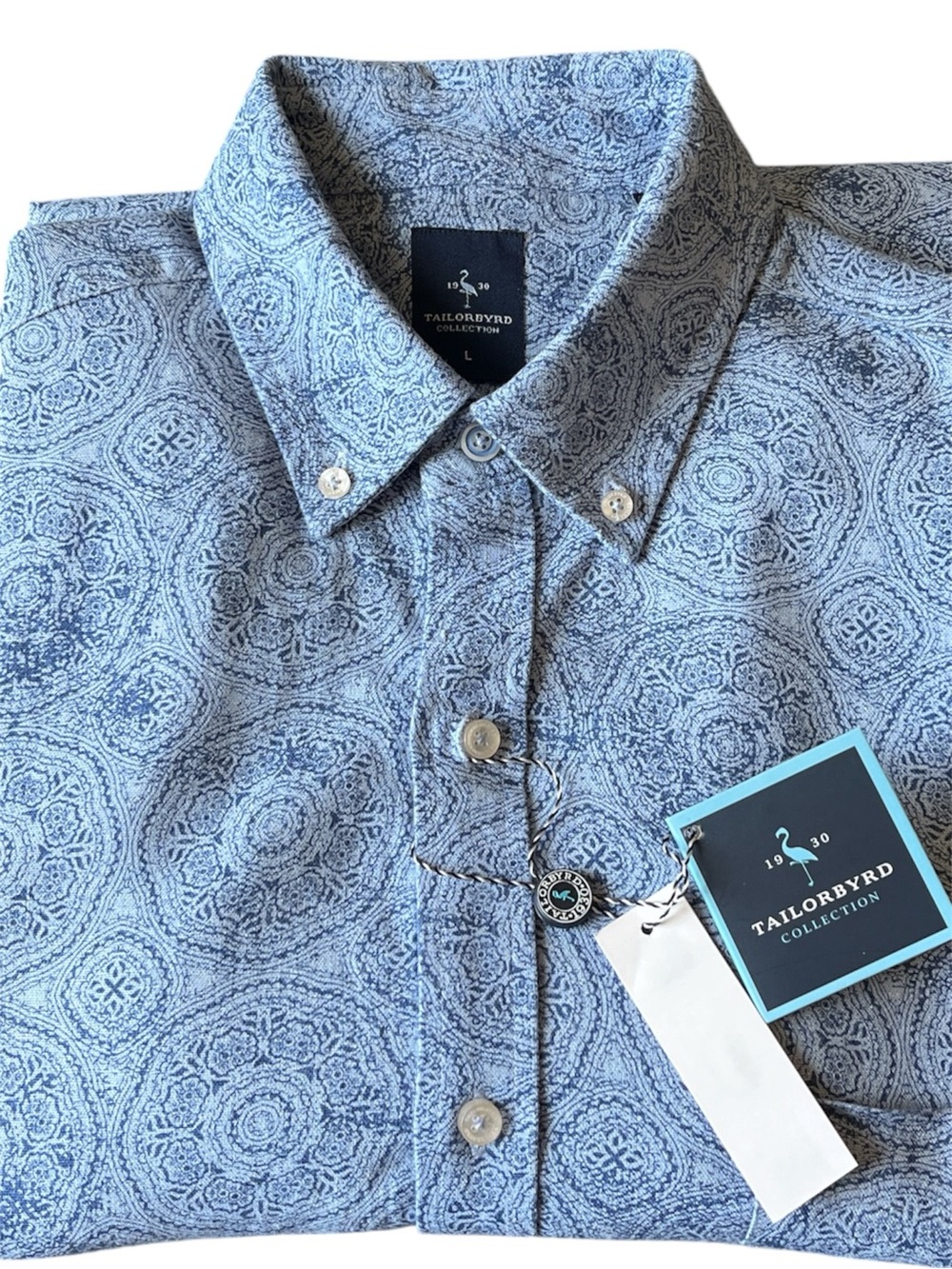 NWT Tailorbyrd Blue  Linen  Geometric Mandala Button Down Shirt L Flamingo